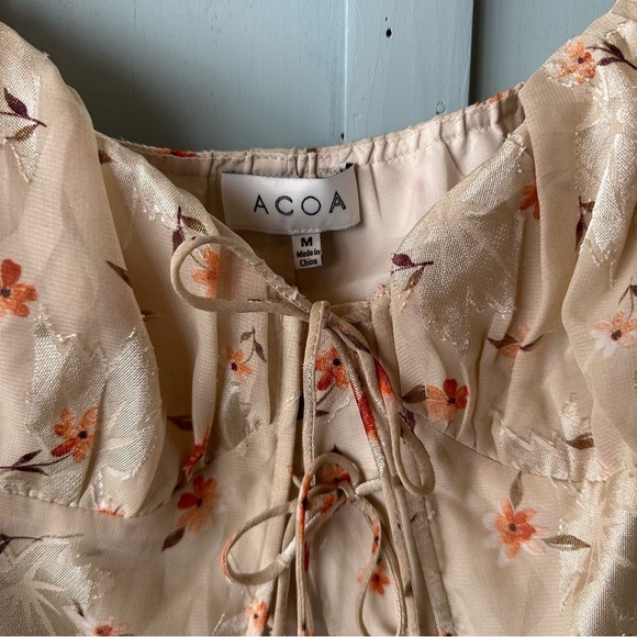 ACOA Orange Tan Puff Sleeve Front Tie Crop Blouse - Picture 3 of 5